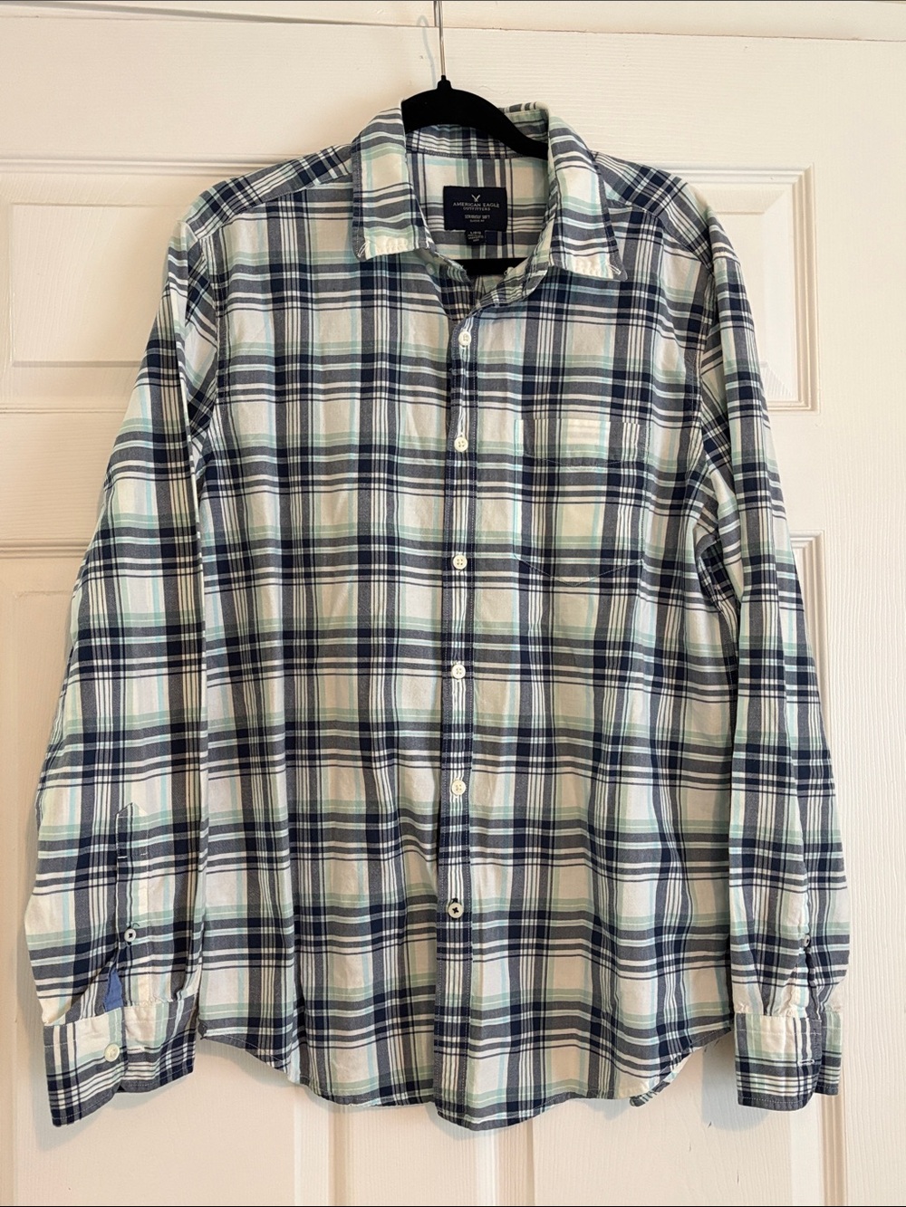 American Eagle Seriously Soft Plaid Casual Blue Green Button down Shirt Mens Lg